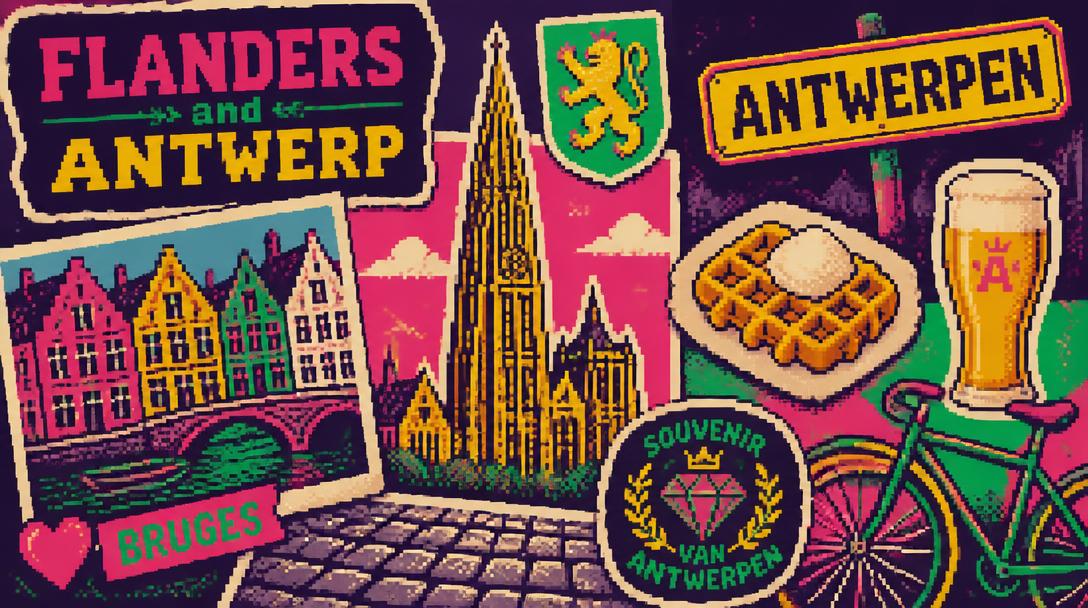 Pixel art souvenir collage of Flanders: Antwerp cathedral, Bruges canal, waffle and bike