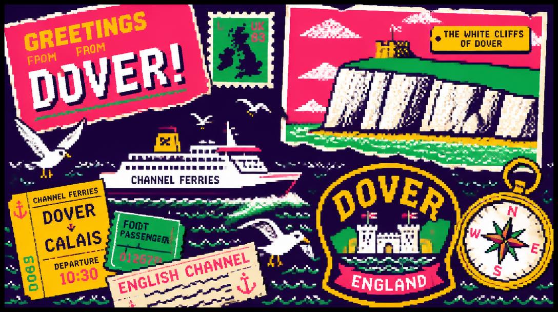 Pixel art souvenir collage of Dover: white cliffs, Channel ferry, tickets and seagulls