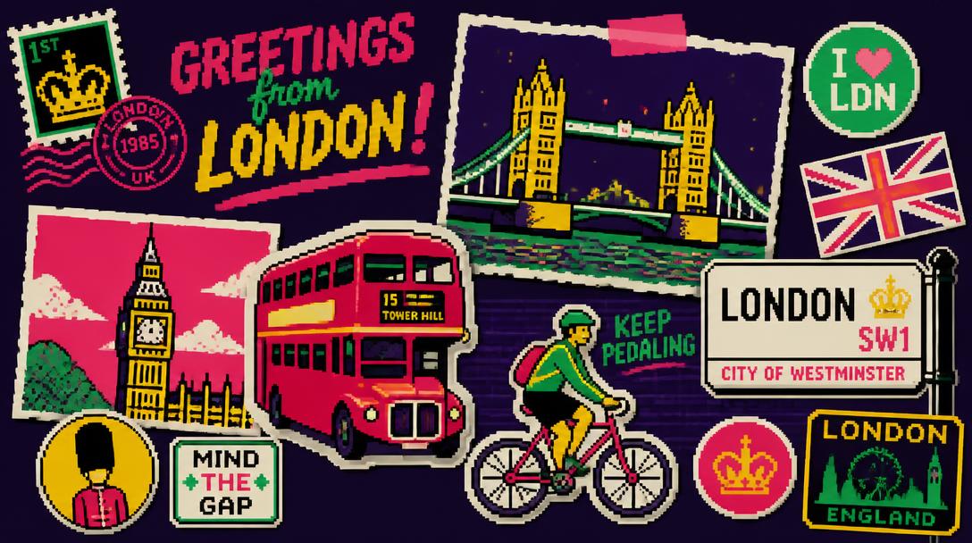 Pixel art souvenir collage of London: Tower Bridge, red bus, Big Ben and a cyclist